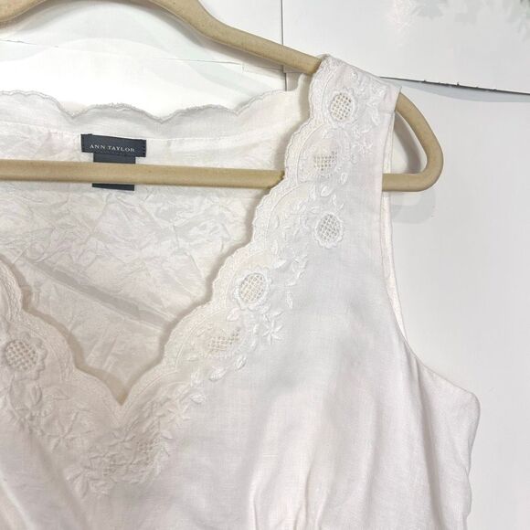 Ann Taylor Top Vintage Linen 12 White Sleeveless Embroidered Scallop V Blouse - Picture 15 of 15
